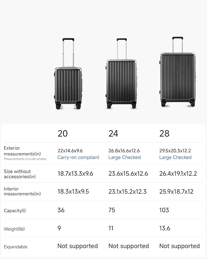 Carry On Luggage with Spinner Wheels, 8010S Aluminum Frame Zipperless Polycarbonate Hard Shell Suitcase (ZX-Core, Charcoal Metallic, 20 Inch)