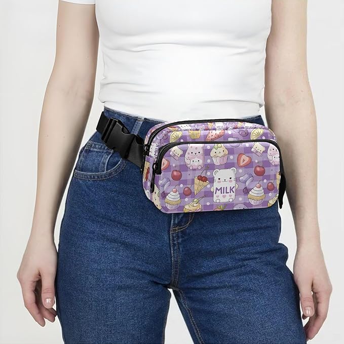 Kawaii Cat Bear Milk Cake Plaid Fanny Pack for Women Men Water Resistant Fashion Waist Packs with Adjustable Strap Belt Bag for Travel Workout Jogging Hiking 21219473