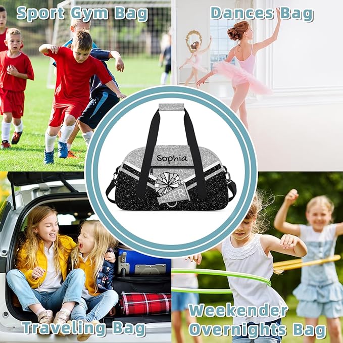 Personalized Silver Glitter Cheer Bag for Cheerleaders, Custom Sport Gym Bag Dance Bag Travel Duffle Bag Cheerleading Gifts for Women