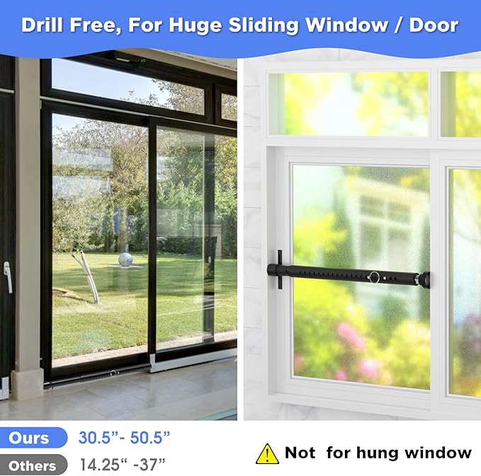 Sliding Door Security Bar Childproof, 2Pack 16 to 51 Inch Adjustable Sliding Patio Door Window Security Bar Stopper, Window Locks Security Bars, Black Heavy Duty Sliding Glass Door Lock Bar