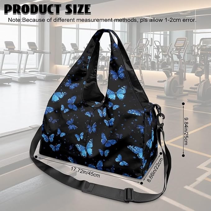 Blue Butterfly Small Gym Bag for Women Travel Duffel Bag with Shoe Compartment Decorative Tote Bags for Yoga, Sports, Hospital, Overnight, Weekender Organizer, Black