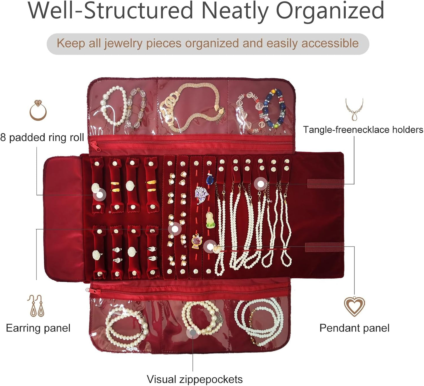Velvet Travel Jewelry Case Roll Bag Organizer for Necklace Bracelet Earrings Ring (Black) (Burgundy)