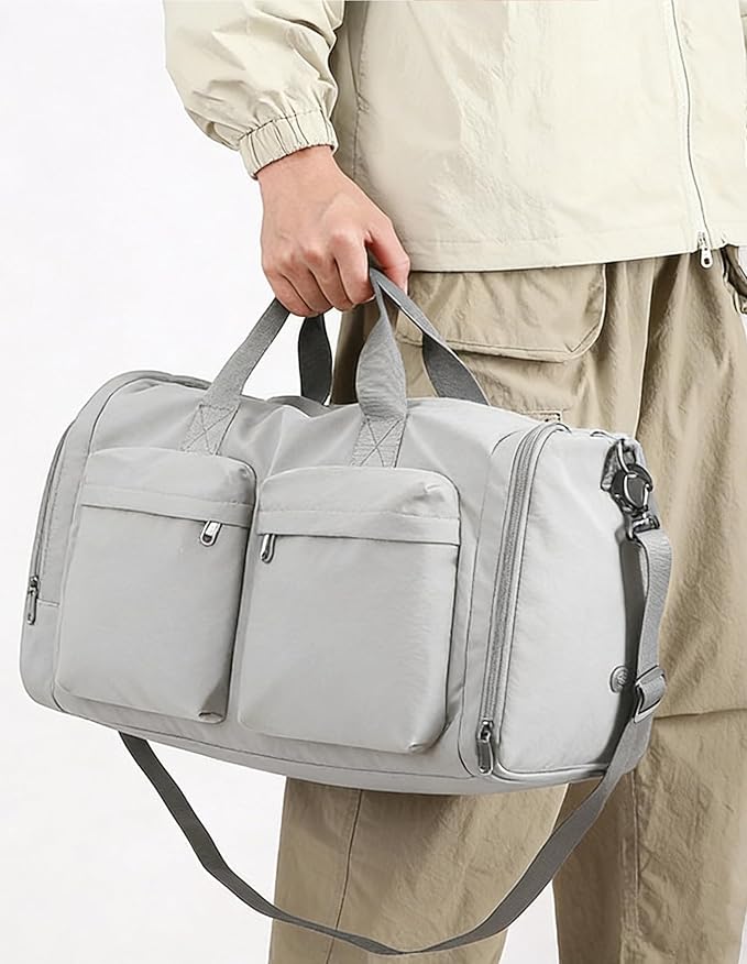 ZUEVI Gym Duffel Bag for Men Women with Shoe and Wet Compartment Lightweight Foldable Carry On Sports Travel Bag for Training Yoga Weekender(Grey)