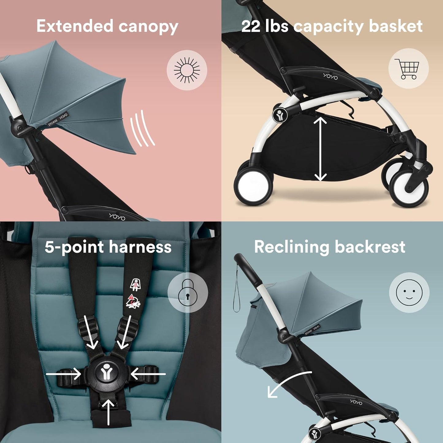 Stokke YOYO3 Stroller from 6 Months - Includes White Frame/Aqua Seat Cushion + Canopy - Folds in & Out in a Flash - Light & Compact - Carry-On Compatible