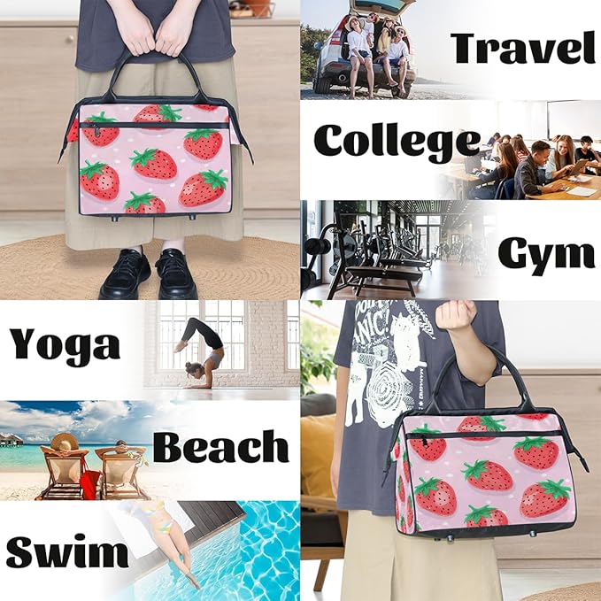 Travel Duffel Bag, Cute Strawberry Pattern Waterproof Sports Gym Duffle Bag, Large Capacity Weekender Carry On Overnight Bags for Women Men