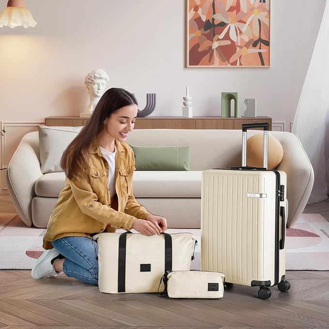 Hoteel Luggage Sets 3 Piece Carry on Luggage with Spinner TSA Lock for Unisex (4-YEAR WARRANTY), ABS+PC Hard Shell Rolling Carry-on Suit Case for Plane, Travel, Business, Off-White (20in/DB/TB)