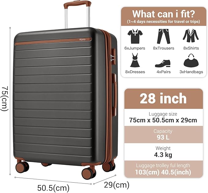 Kono 28 Inch Large Suitcase, Expandable for Long Trips, Impact-Resistant ABS+PC & Silent Wheels, Black, Lightweight Hardshell Luggage, Smooth Rolling Spinner Suitcase for Travel,Grey/Brown