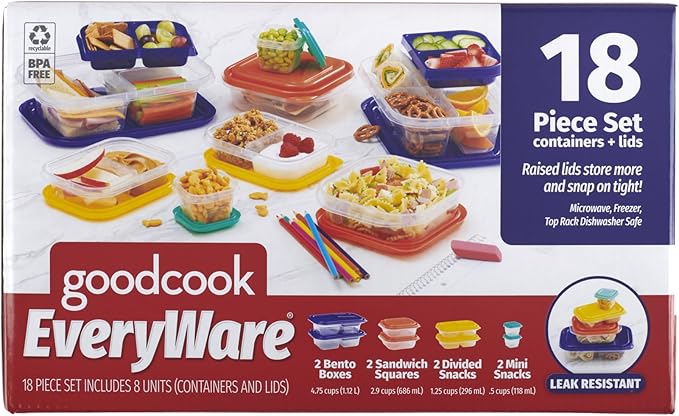 GoodCook EveryWare 18-Piece Lunch Food Storage Container Set, Assorted Colors, Made Without BPA