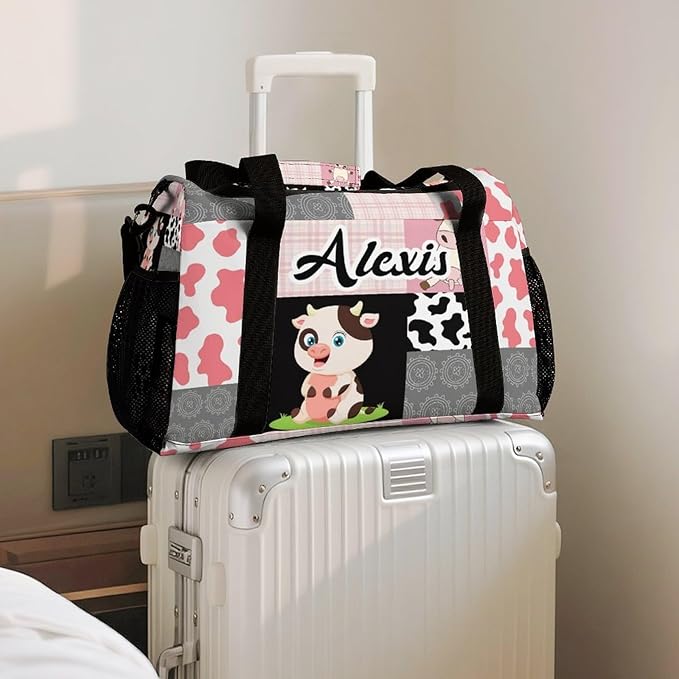 Personalized Pink Grey Patchwork Cow Print Duffle Bag with Adjustable Shoulder Strap Tote Bag for Women Man Workouts Custom Travel Perform Bag