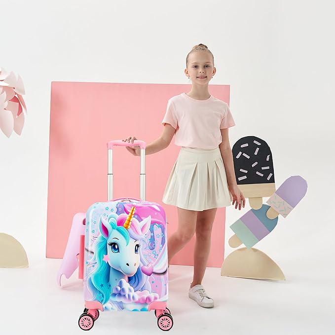 Cute Unicorn Kid’s Luggage Set 2 Piece Suitcase Set 16" Hardside Luggage with Spinner Wheels Girls Carry on Toddler Travel Rolling Luggage Airline Approved