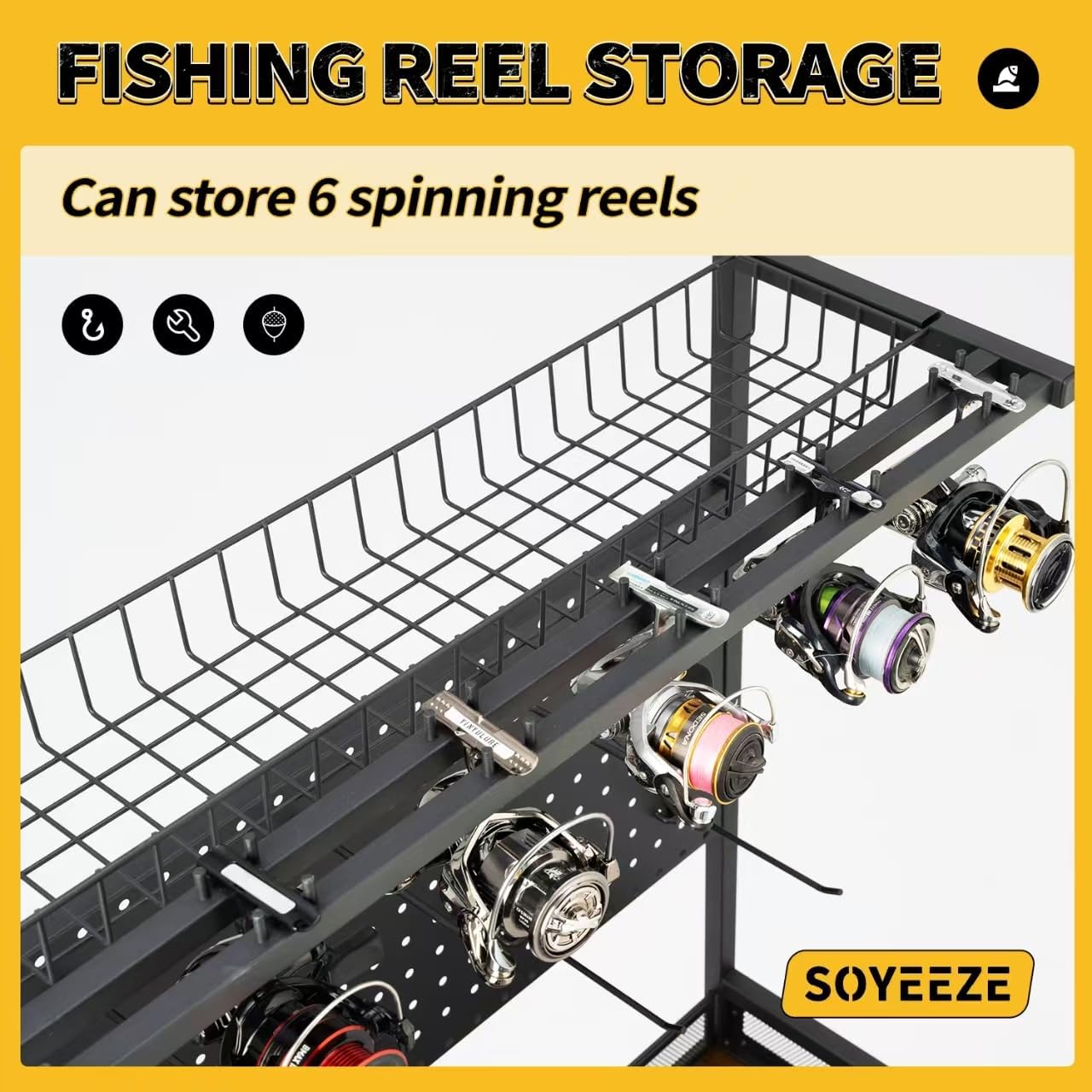 SOYEEZE Fishing Rod Holders for Garage,Fishing Gear Holder for Fishing Rod Tackle Box Storage,Fishing Pole Holders for 12 Rods with Hooks and Pegboard,Fishing Cart with Reel Rack