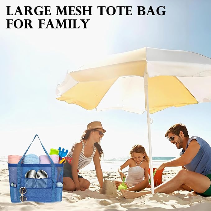 Mesh Beach Bag, Large Beach Tote with Zipper Pocket, Toys Pool Bag for Family Travel Vacation Cruise Essentials