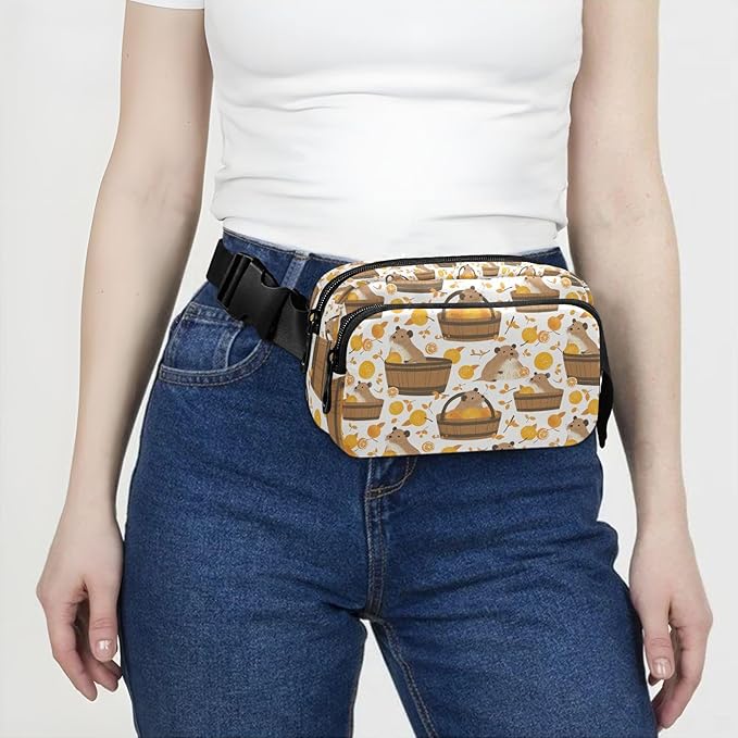 Kawaii Capybara Orange Fanny Pack for Women Men Water Resistant Fashion Waist Packs with Adjustable Strap Belt Bag for Travel Workout Jogging Hiking 21220251