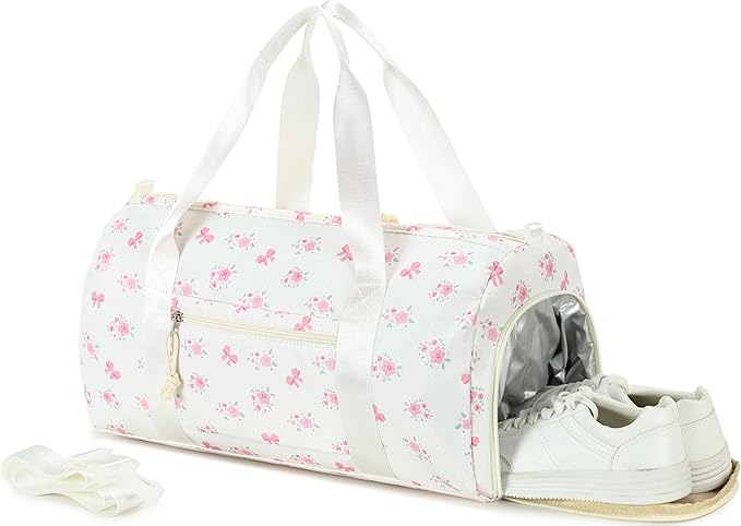 Gym Bag Sports Duffle Bag with Wet Pocket Weekender Overnight Bags with Waterproof Shoe Pouch and Air Hole for Girls Kids Women Workout Travel Bags (Bow Flower-Beige)