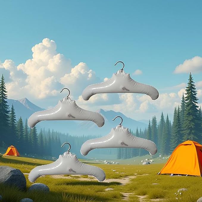 NewFerU Inflatable Hangers for Travel X 4 in White Round Shoulder for Hand Wash Laundry, Air Blow up Clothes Drying Hangars with Metal Hook, Compact, Space Saving, Foldable, Portable, Non Slip