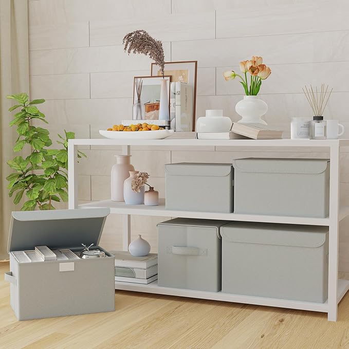 Storage Bins with Lids for Organizing, Closet Boxes with 2 Carrying Handles and Sturdy Heavy Cardboard, Home Organizers Cubes, 4 Pack, Grey, 15 x 9.8 x 9.8 In, XSNY12GL-4