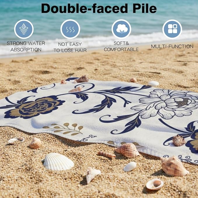 Microfiber Beach Towel Navy Blue White Floral Thin Quick-Dry Absorbent Compact Towels Soft& Lightweight Sand Free Towels Beach for Yoga Sports Packable Essentials Stuff Gifts 61 X 30 Inch