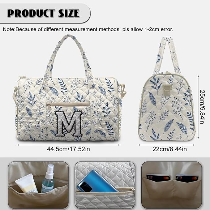 COEQINE Quilted Duffle Bag Women Personal Item Travel Bag Blue White Initial Name A-Z Large Capacity Flower Travel Bag with Trolley Sleeve
