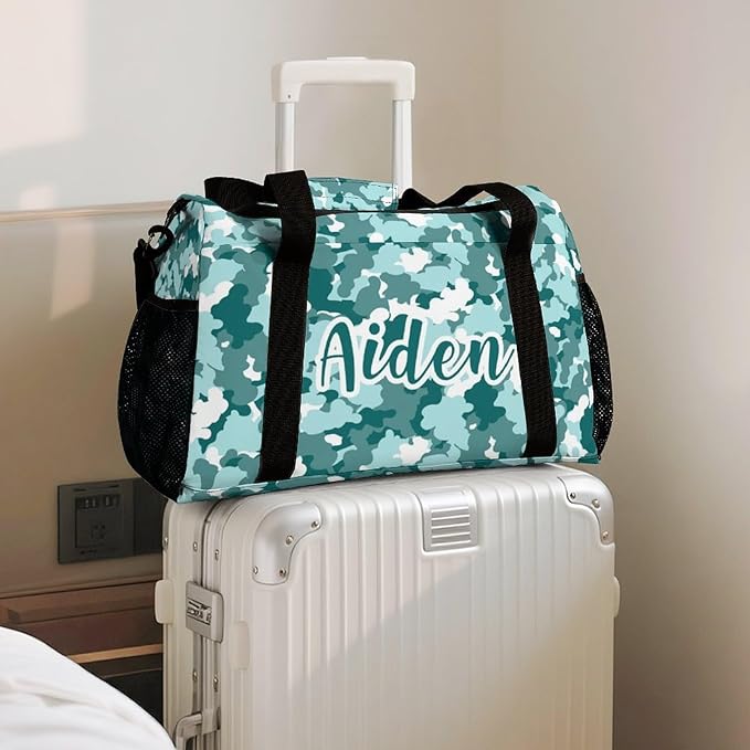 Duffle Bag, Personalized Name Camouflage Camo Teal Blue Pattern Travel Bag, Lightweight Gym Training Sports Bags Custom Unisex Gifts for Men Women
