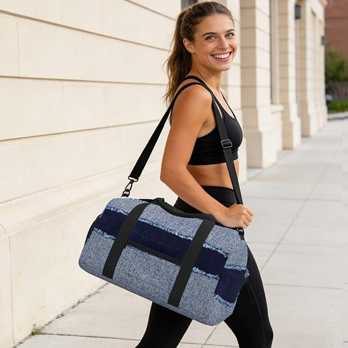 Denim Blue Jeans Bleached Denim Fabric Women'S Gym Duffle Bag With Shoes Compartment, Ideal For Travel, Gym, Sports, Duffel, Weekender