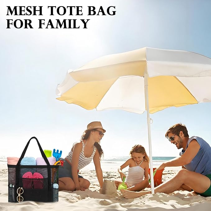 Mesh Beach Bag, Large Beach Tote with Zipper Pocket, Toys Pool Bag for Family Travel Vacation Cruise Essentials