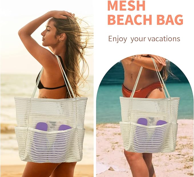 Mesh Beach Tote Bags for Women Sandproof Large Shoulder Pool Swimming Bag Summer Vacation Essentials Inner Pocket
