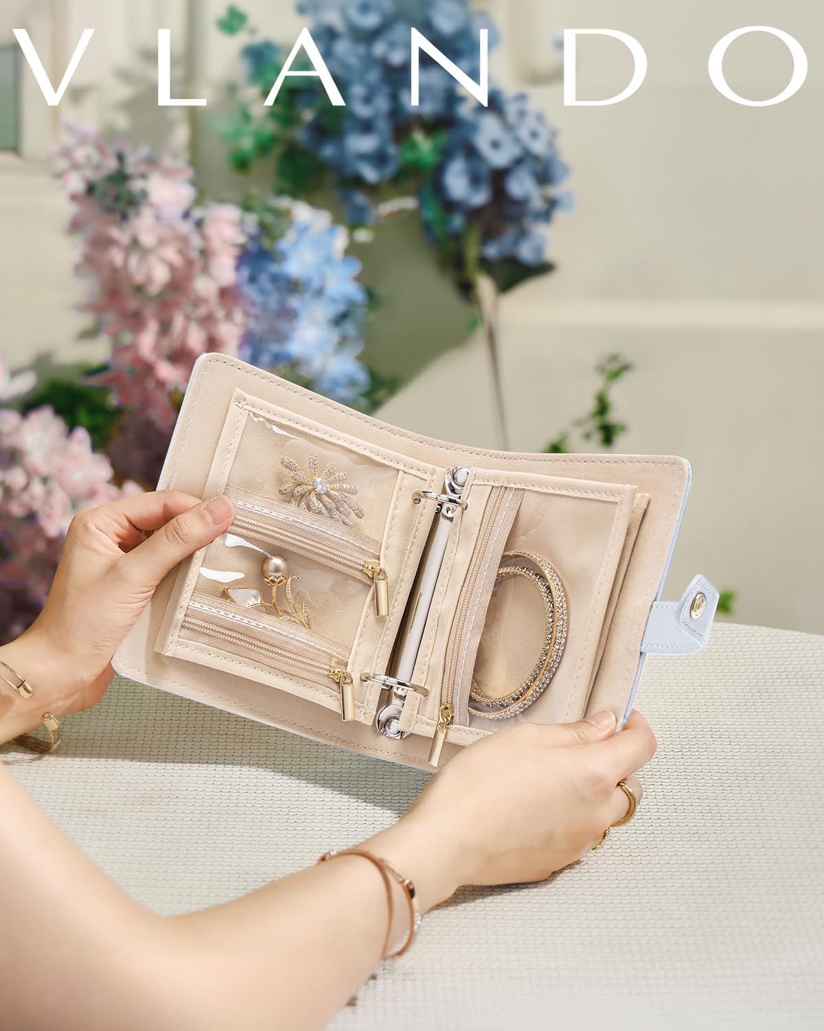 Vlando Travel Jewelry Case,Portable Jewelry Organizer Box with Clear Zipper Velvet Jewelry Pouch,Gifts for Traveler Women Girls-Baby Blue