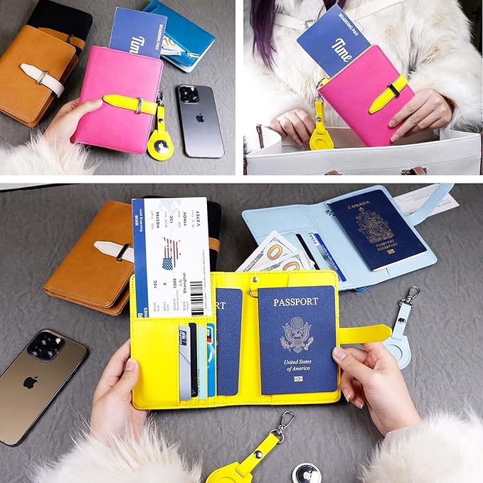 Deziliao Passport wallets, Mulit-purpose RFID Blocking Passport Holder AirTag Wallet, Travel Wallet(Pink)