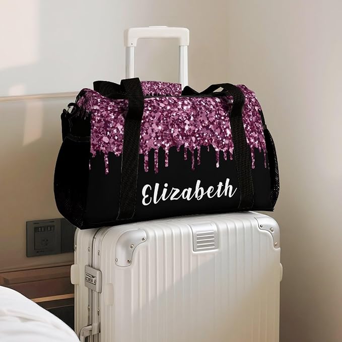 Duffle Bag, Personalized Name Bling Sequin Glitter Print Black Travel Bag, Lightweight Gym Training Sports Bags Custom Unisex Gifts for Men Women
