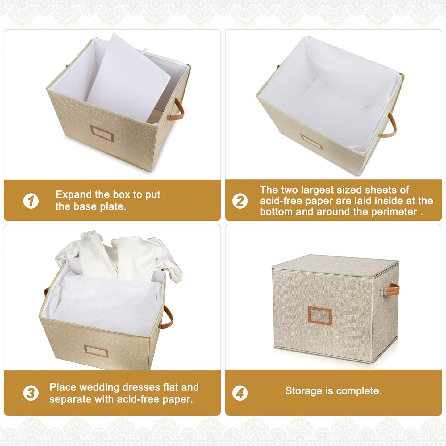 Lukeline Wedding Dress Storage Box,Wedding Dress Preservation Box with Lid,Foldable Acid-Free Organizer with 1 Pair of Microfiber Gloves and 20 Sheets of Acid-Free Paper, 2-Pack
