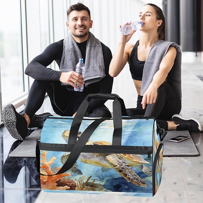 Ocean Turtle Design Sports Gym Bag with Wet Pocket & Shoes Compartment Waterproof Workout Duffel Bag for Women and Men Weekender Overnight Duffle Bag Travel Carry-on Tote