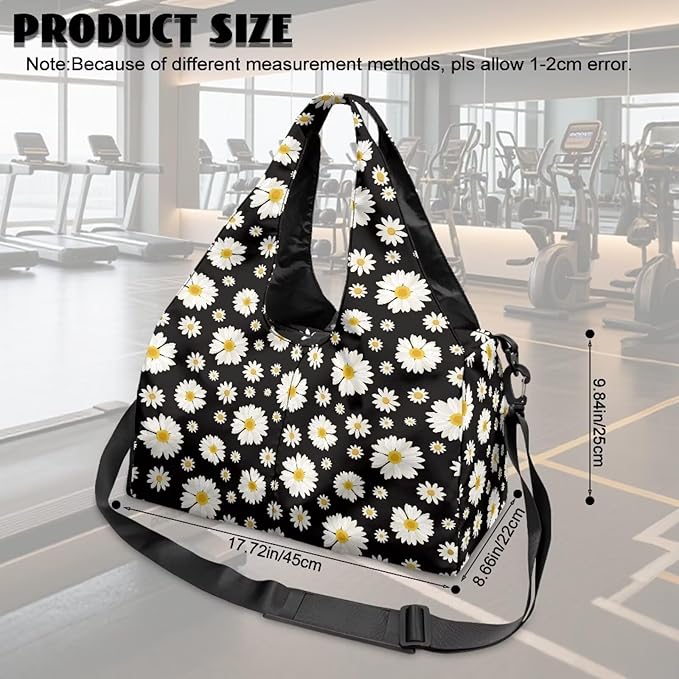 Daisy Flower Sports Gym Duffle Bag with Shoes Compartment Large Personal Item Travel Bag Beach Swim Overnight Weekender Duffel Carry On Bags, Black