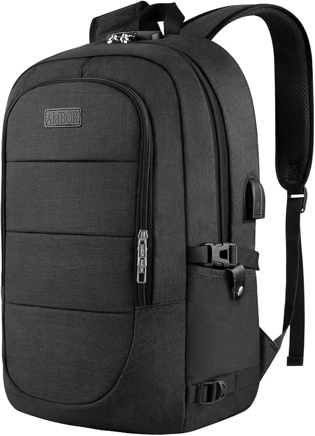 AMBOR Travel Laptop Backpack for Men, 15.6-17.3 inch Laptop Backpack, Anti Theft Business Work Backpack with USB Charging Port, Water Resistant Computer Bag for Men & Women, Black