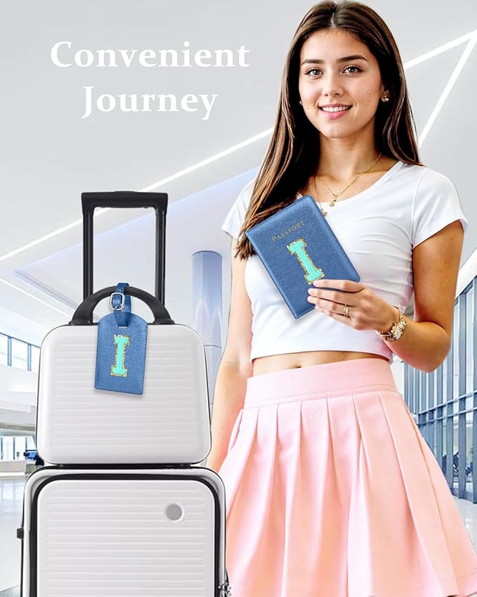 Slohif Passport Holder Initial Lugguage Tag Set Suitcase Cover Wallet Case for Travel Women - Leather Letter Passport Book Personalized Organizer Card Protector Sleeve Essentials Slim Carrier Blue I