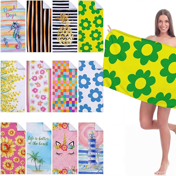 Newwiee 12 Pieces Microfiber Beach Towel Set Quick Dry 59 x 27.5 Inch Lightweight Bulk Colorful Soft Absorbent Pool Towel for Adults Travel Beach Swimming Supplies (Lighthouse)