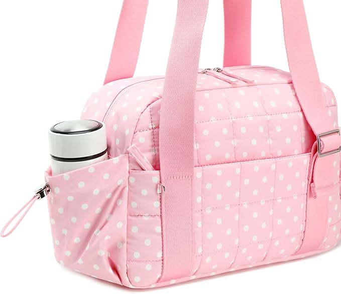 CAMTOP Mini Gym Bag for Women, Small Gym Tote Bag Puffy Quilted Sports Duffel Bag with Wet Compartment and Coin Purse Duffel Bags Dance Yoga Workout Bag for Gifts (Polka Dot Pink, Mini-12.6")