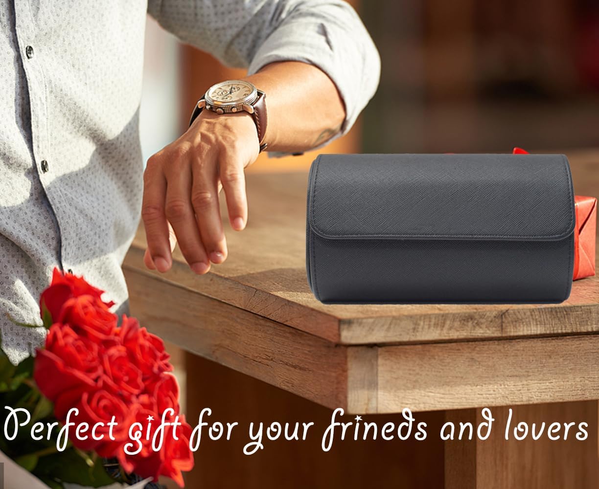 Watch Travel Case, Luxury Leather Watch Roll 2 Slot Organizer Box, Jewelry Storage Case Gifts for Man and Woman Christmas Anniversary Birthday (Black-2slot)
