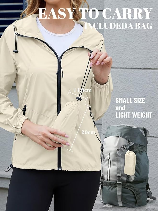 PITINAN Lightweight Rain Jacket Women Packable Wind Breaker Light Rain Jacket Women Waterproof Travel Raincoat S-XXL