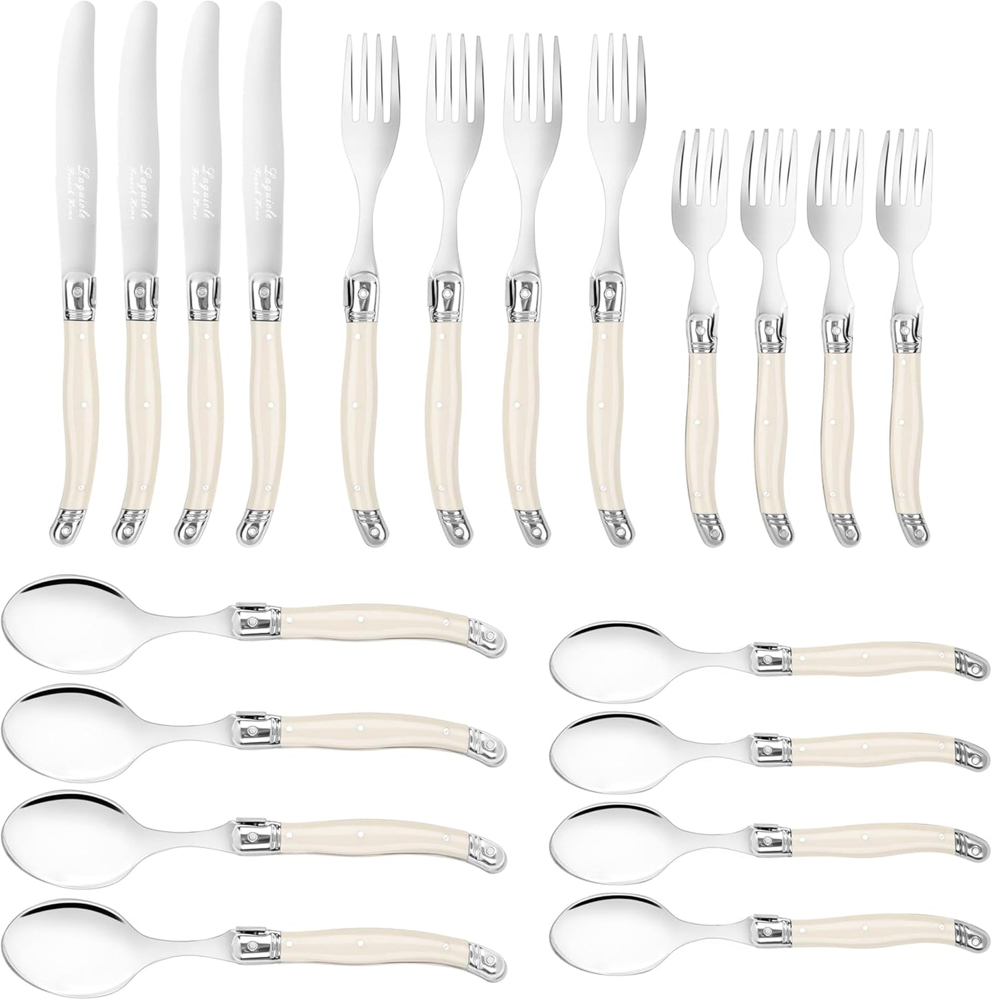 French Home Laguiole 20 Piece Flatware Set – 18/10 Stainless Steel Flatware Set for 4 – Luxurious Ivory-Colored Utensil Set w/Knives, Spoons and Forks