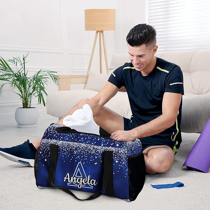 Navy Blue Bling Print Personalized Duffel Sports Bag with Name Custom Weekender Overnight Bag Gym Bag Travel Duffel Bag