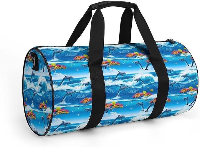 Basketball Football Weekender Bag Strong Waves Jumping Dolphin Great Ocean Wave Blue Carry on Beach Yoga Overnight Luggage Bag Sports Gym Bags for Men Women