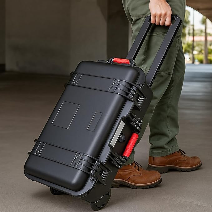 Waterproof Rolling Camera Hard Case 22x14x9 Inch, Impact-resistant Travel Case with Padded Dividers & Wheels for Cameras, Lenses & Accessories(Black)