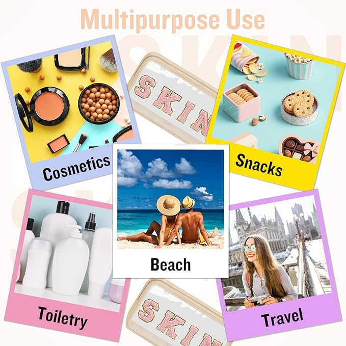 Chenille Letter Clear Makeup Bags Skin Pouch, Preppy Patch Makeup Bag with Zipper, Transparent PVC & Nylon Waterproof Portable Glitter Cosmetic Bag Travel Toiletry Storage for Women Girl(SKIN-Beige)