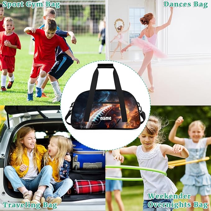 Personalized Boys Gym Bags, Custom Name Sport Bags for Training Travel Overnight Weekender Flame American Football