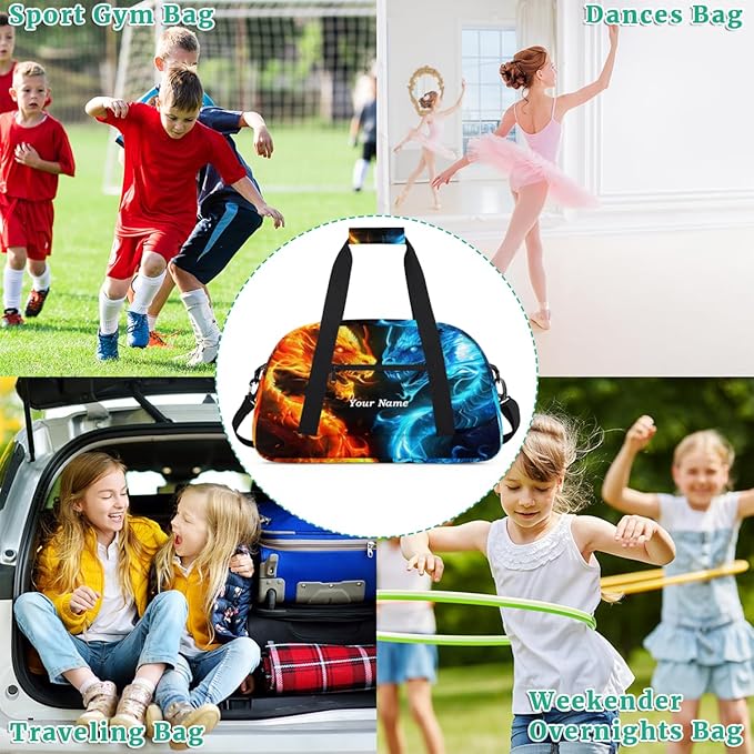 Custom Name Fire and Ice Dragon Boys Gym Travel Duffle Bag with Front Zipper Pocket Personalized Sport Bag for Overnight, Weekender, Carry On,Workout & Dance, 18.9 * 8.7 * 10.6 in