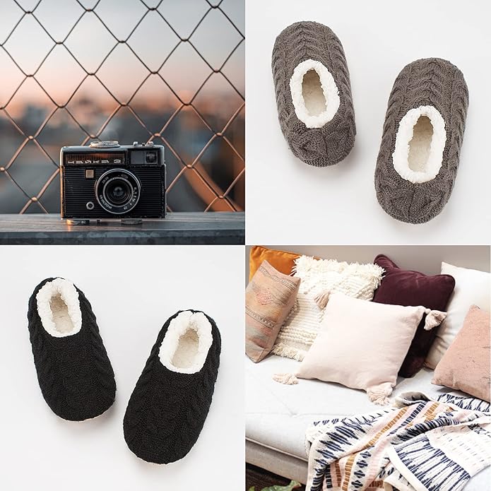 Cozylook 2-Pair Women's Soft Sole Slipper Socks with Grippers, Thick Warm Cozy Sherpa Lined Home Socks Set, Cable Knitted Non-slip Fluffy Winter House Bedroom Slippers