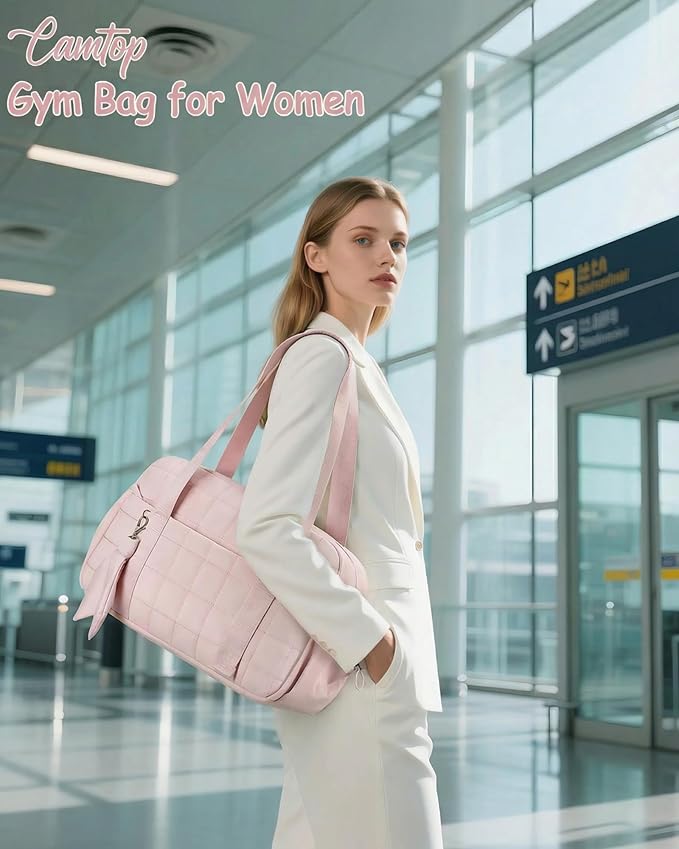 CAMTOP Mini Gym Bag for Women, Small Gym Tote Bag Puffy Quilted Sports Duffel Bag with Wet Compartment and Coin Purse Duffel Bags Dance Yoga Workout Bag for Gifts (Pink, Medium-16")