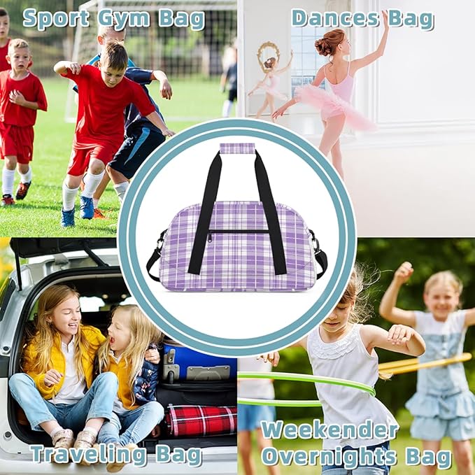 Purple White Plaid Pattern Sports Duffel Bags, Water-Resistant Gym Duffle Bag for Men Women, Lightweight Weekender Overnight Bag for Fitness, Workout, Travel