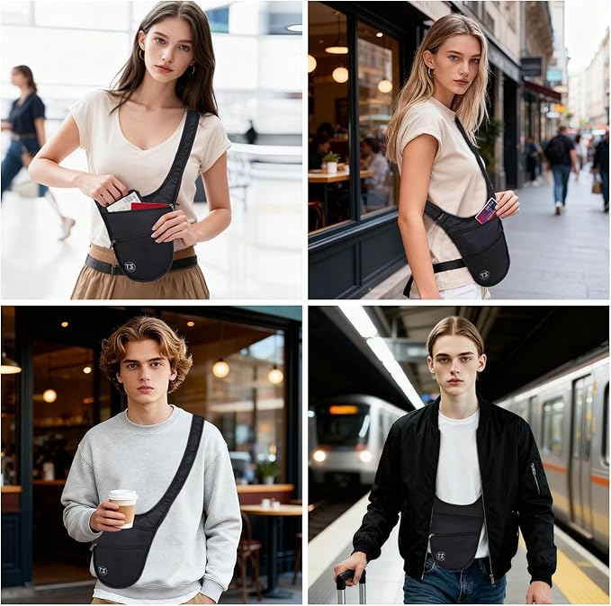 Crossbody Bag for Men Women Anti-Theft Money Belt for Travel Hidden Slim Passport Holder Mini Sling Bag Chest Belt Under Clothes to Protect Cash, Credit Cards, Phone