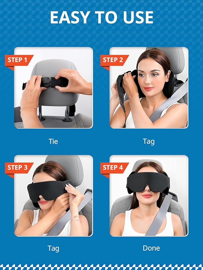 Travel Pillow, Car Travel Pillow with 3D Eye Mask for Sleep, 360° Head Support Strap for All Car Seat, Road Trip Essentials, Stop Bobblehead, Black